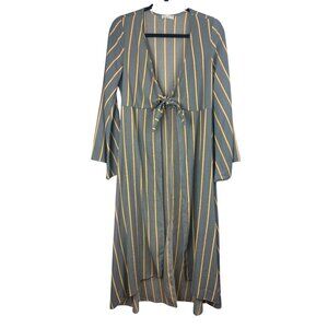 S Striped Open-Front Maxi Duster Kimono Top Tie Waist Bell Sleeves Boho Festival